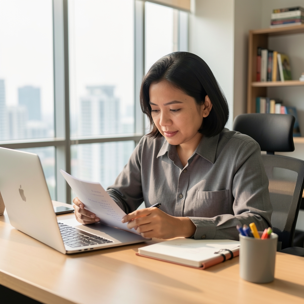 Indonesian editorial writer examining nutrition notes at a bright Jakarta desk