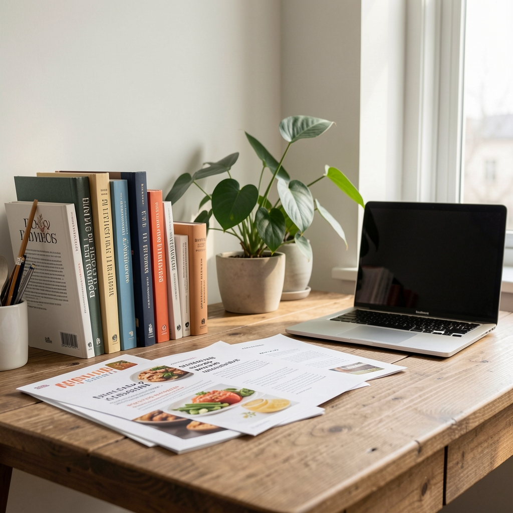 Quiet editorial studio with books, nutrition papers, and a laptop in natural daylight