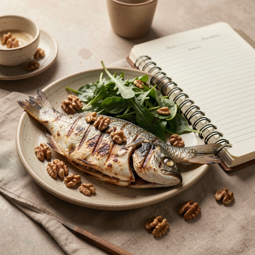 Grilled fish, greens, walnuts, and an open notebook arranged for an editorial food study