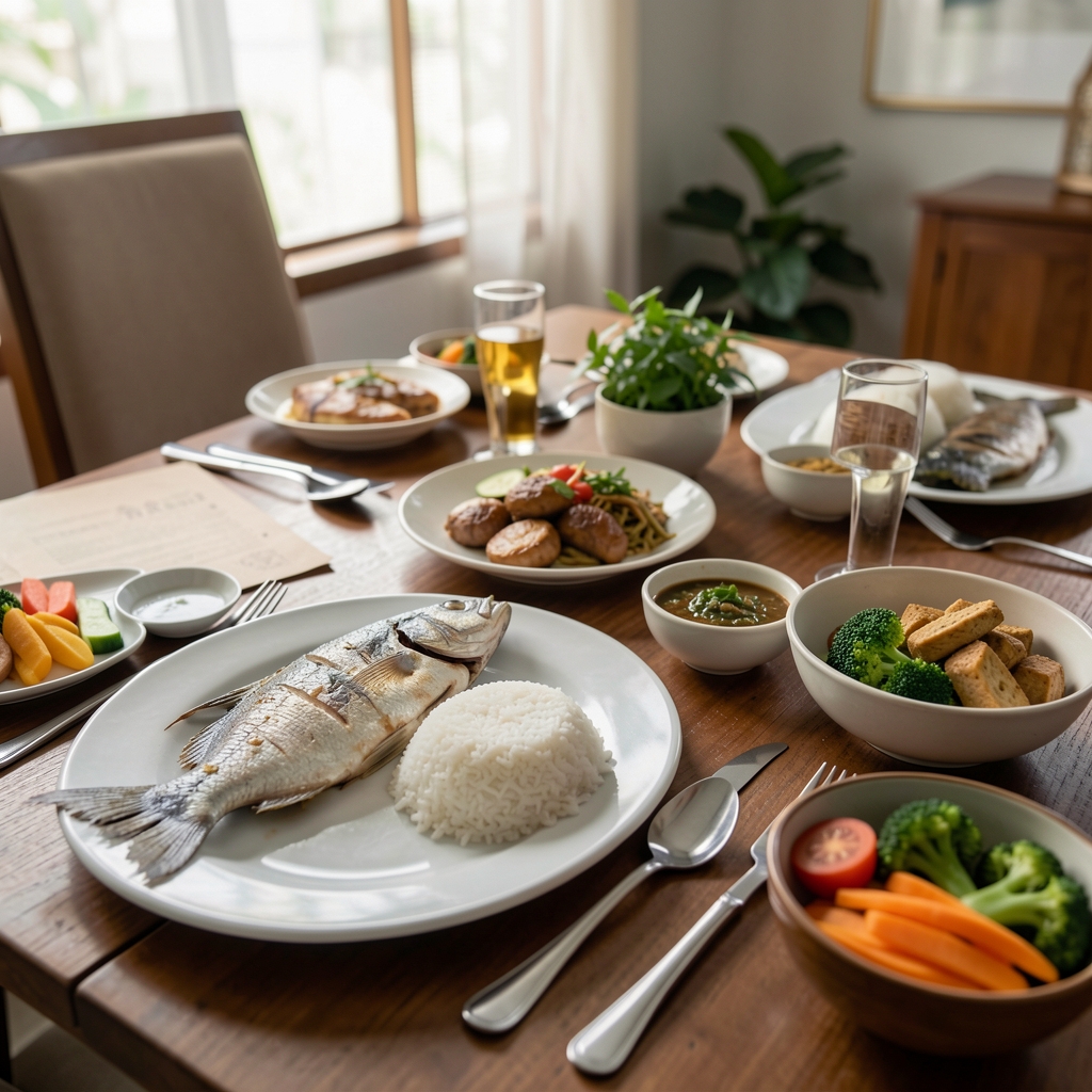 Jakarta dinner table set with fish, rice, and vegetables representing an omega-3 food discussion