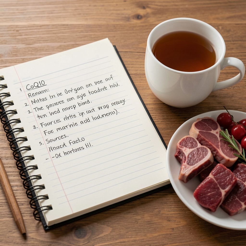 Notebook page with CoQ10 research notes beside a cup of tea and organ-meat food sources