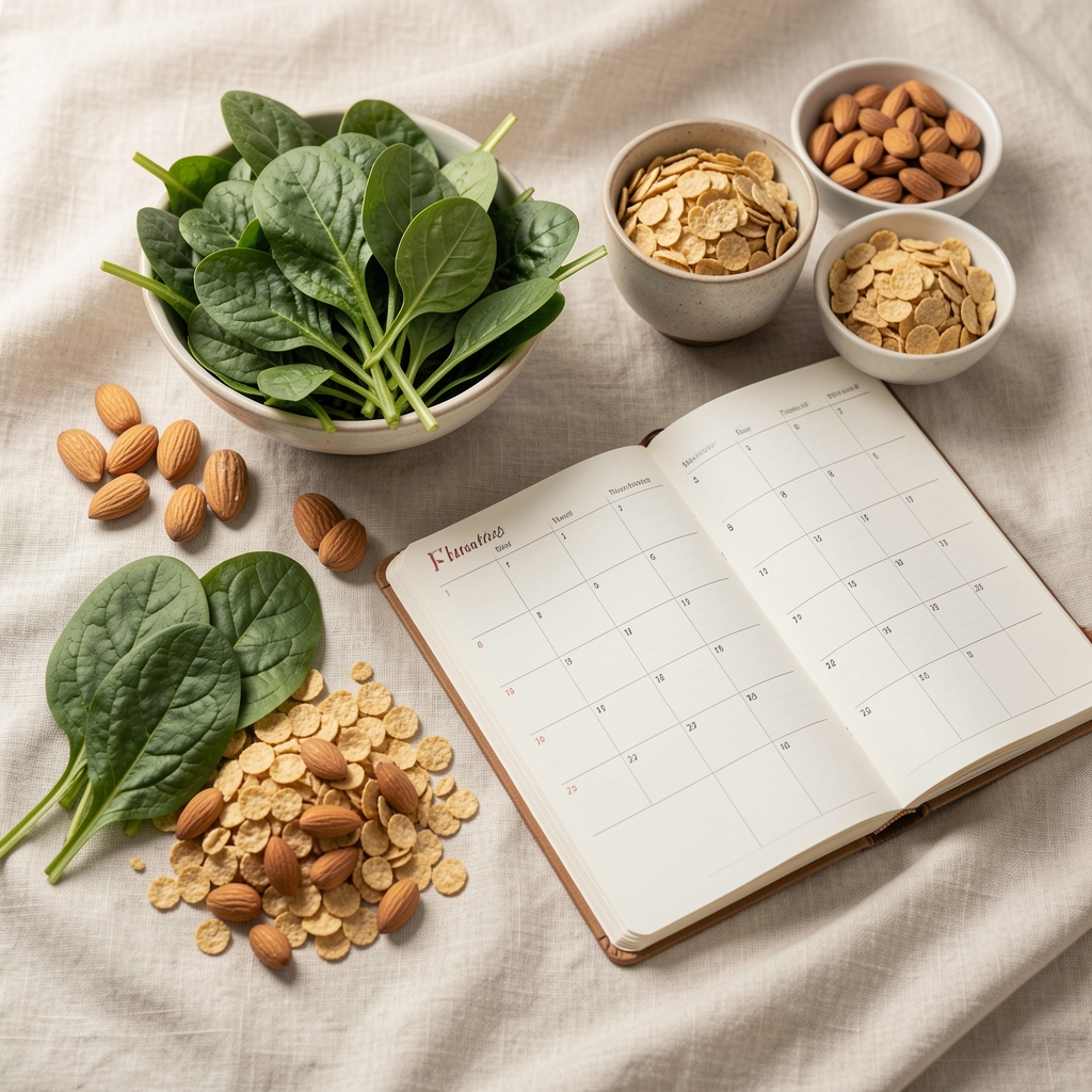 Magnesium-rich greens, nuts, cereal, and an open daily planner on pale linen