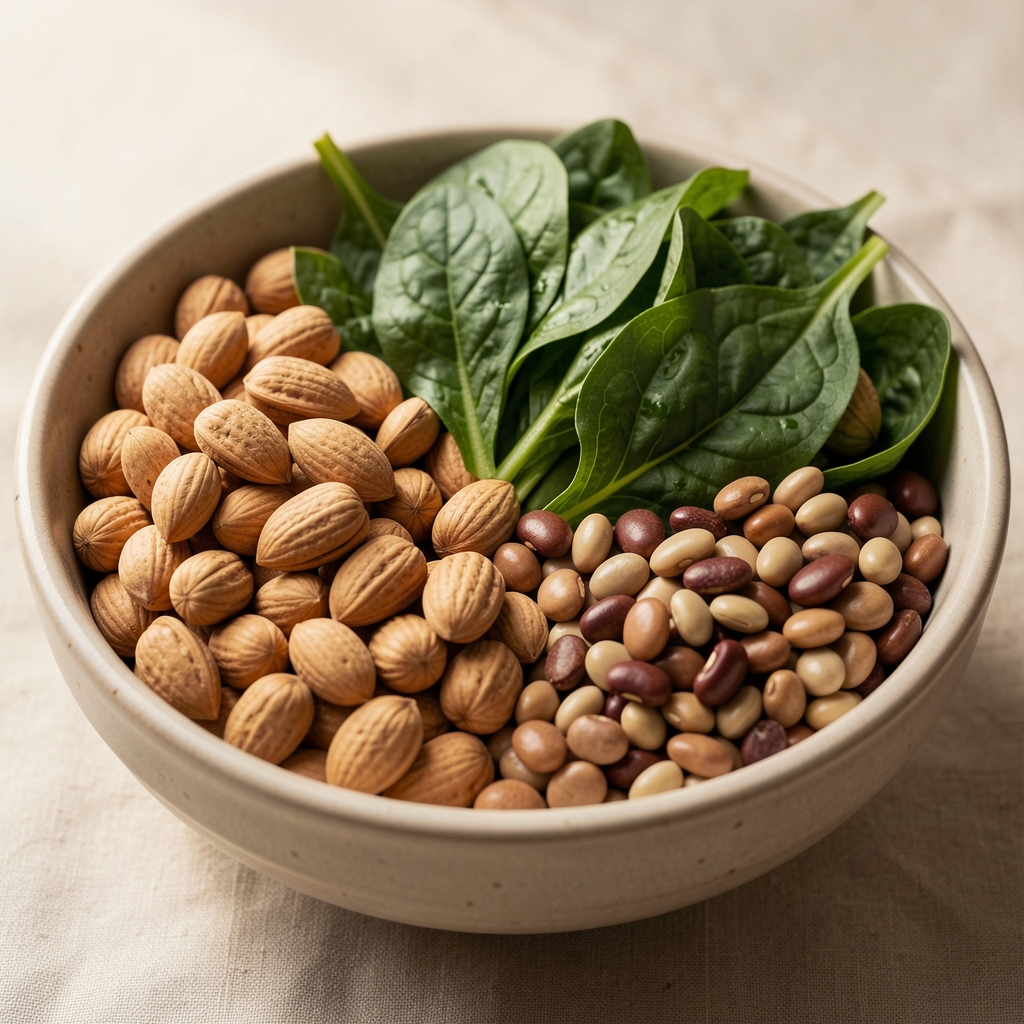 Bowl of nuts, leafy greens, and legumes arranged as magnesium-rich whole foods
