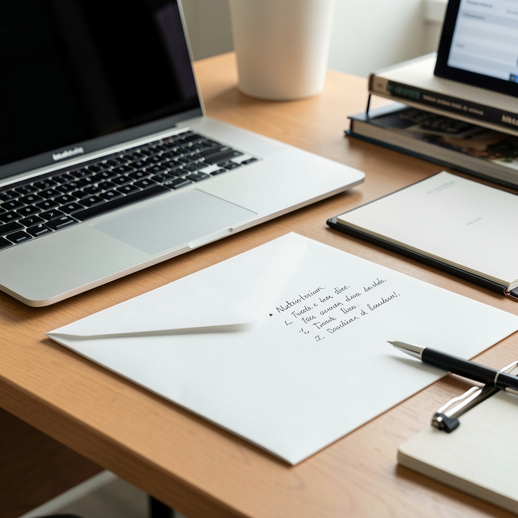 Editorial correspondence desk with envelope, laptop, and handwritten nutrition notes