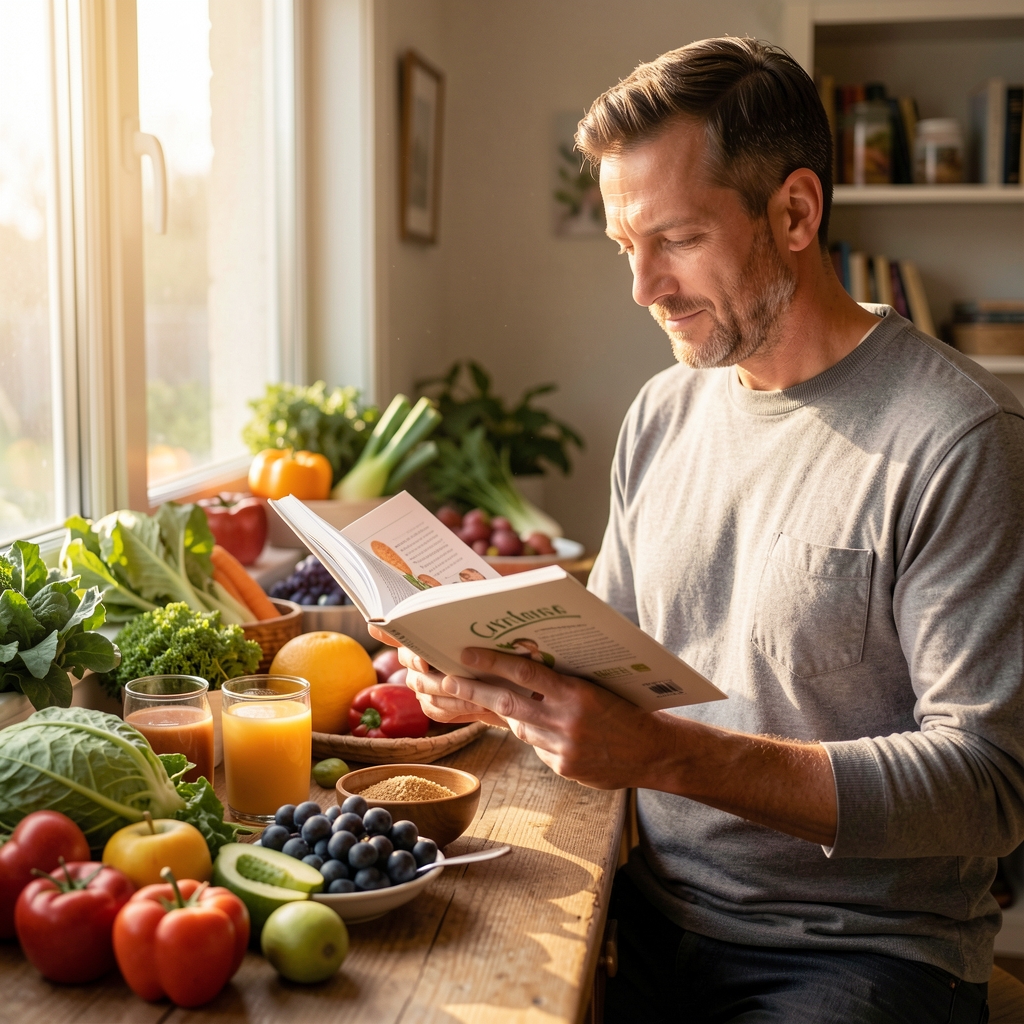 Adult Indonesian man reviewing a nutrition journal beside whole foods in warm morning light