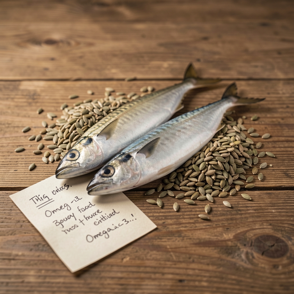 Omega-3 fish and seed ingredients on a timber table with handwritten editorial notes