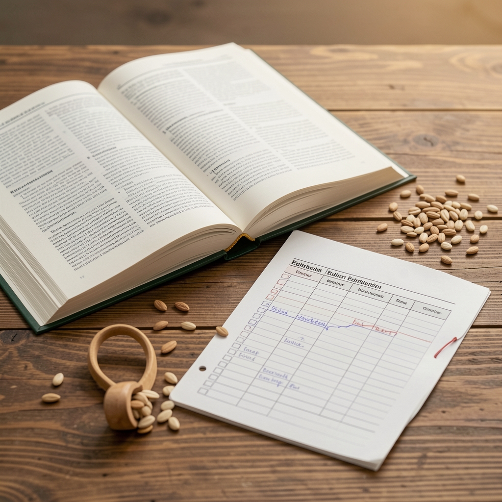 Open nutrition reference books, seeds, and a marked editorial checklist on a wooden table